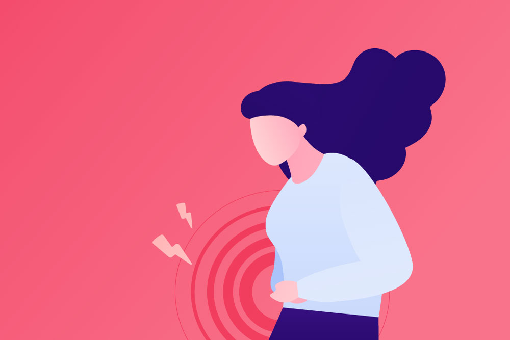 A graphic design of a woman clutching her abdomen in pain
